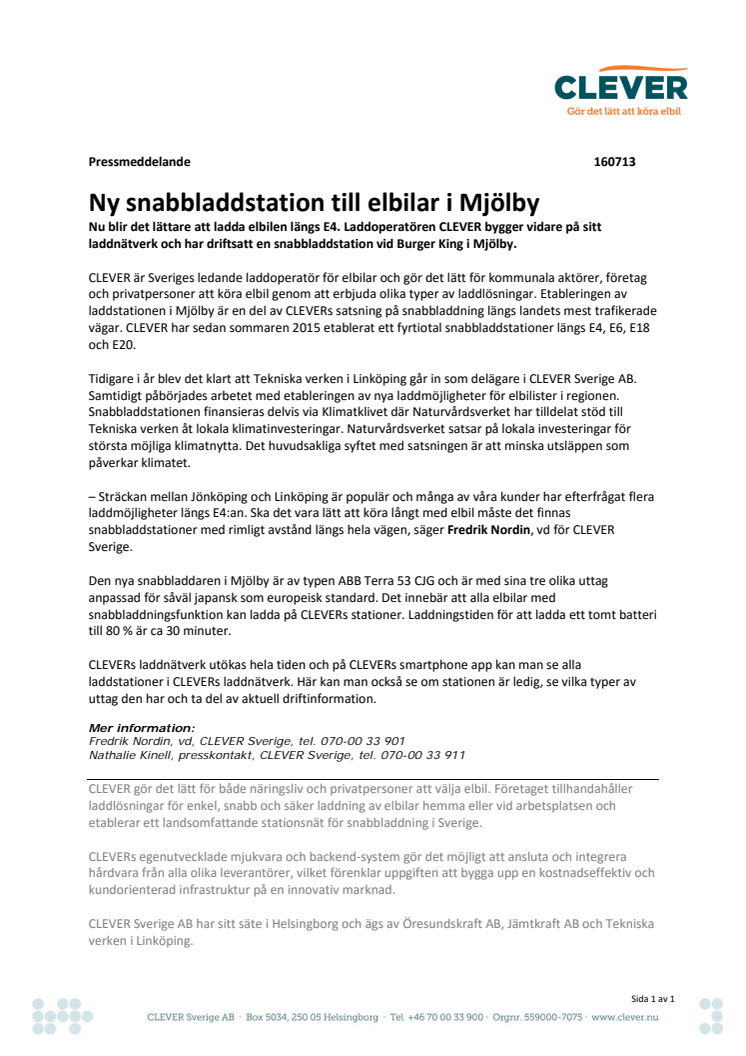 Ny snabbladdstation till elbilar i Mjölby