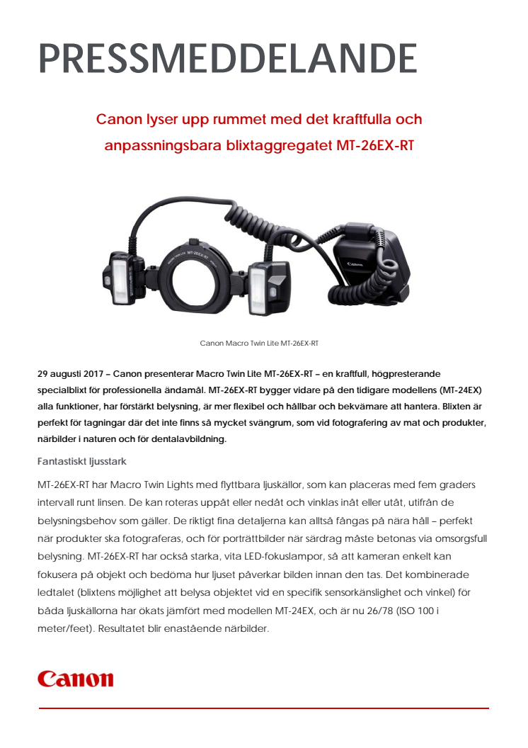 Canon lyser upp rummet med det kraftfulla och anpassningsbara blixtaggregatet MT-26EX-RT 