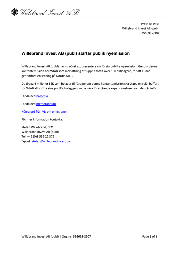 Willebrand Invest AB (publ) startar publik nyemission