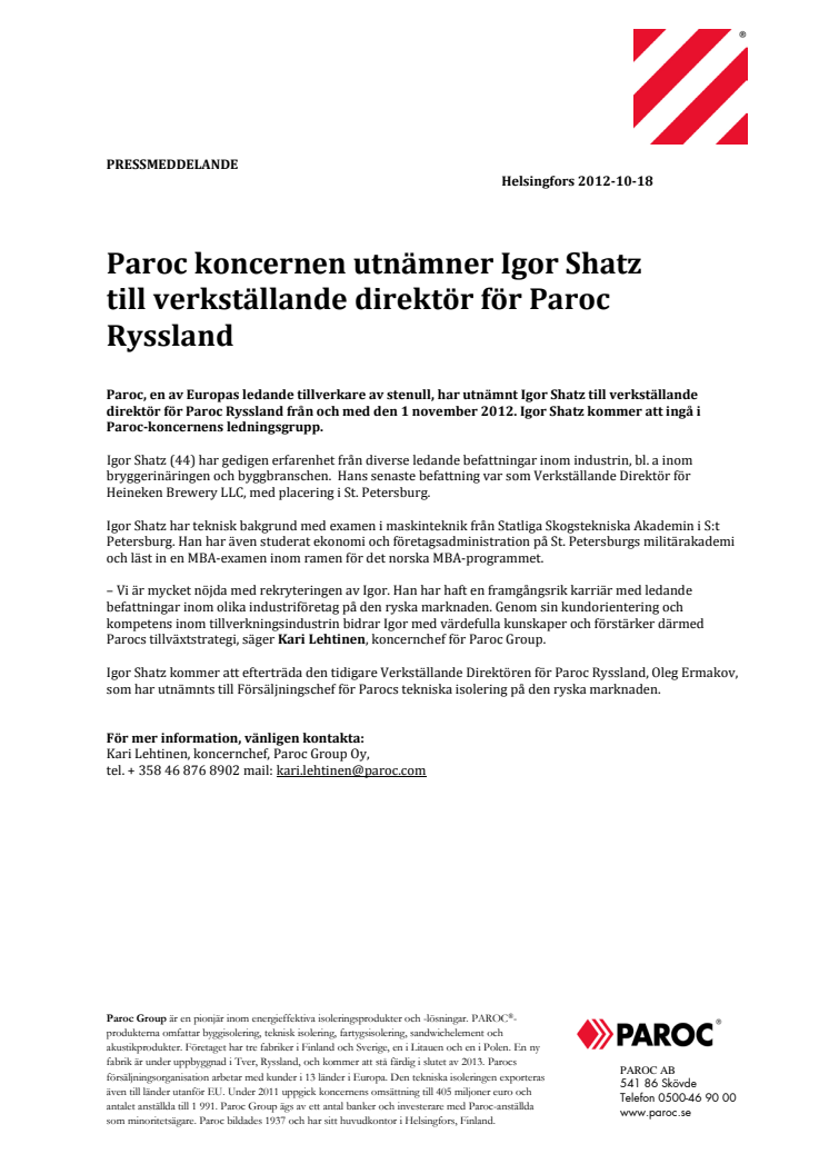Paroc koncernen utnämner Igor Shatz till verkställande direktör för Paroc Ryssland