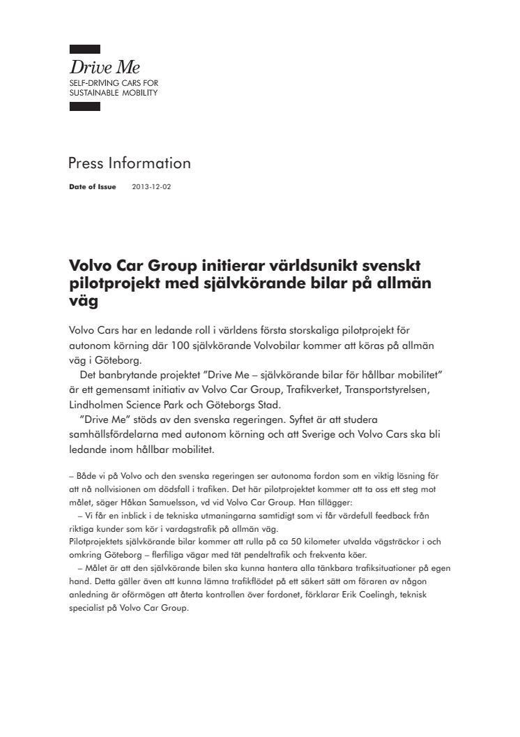 Volvo Car Group initierar världsunikt svenskt pilotprojekt med självkörande bilar på allmän väg