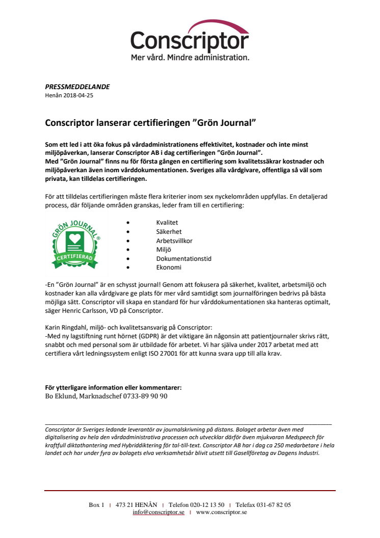 Conscriptor lanserar certifieringen ”Grön Journal”