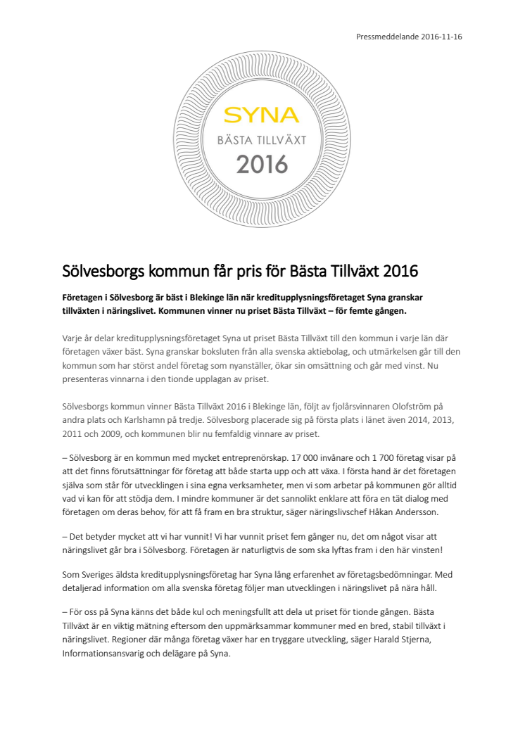 Sölvesborgs kommun får pris för Bästa Tillväxt 2016