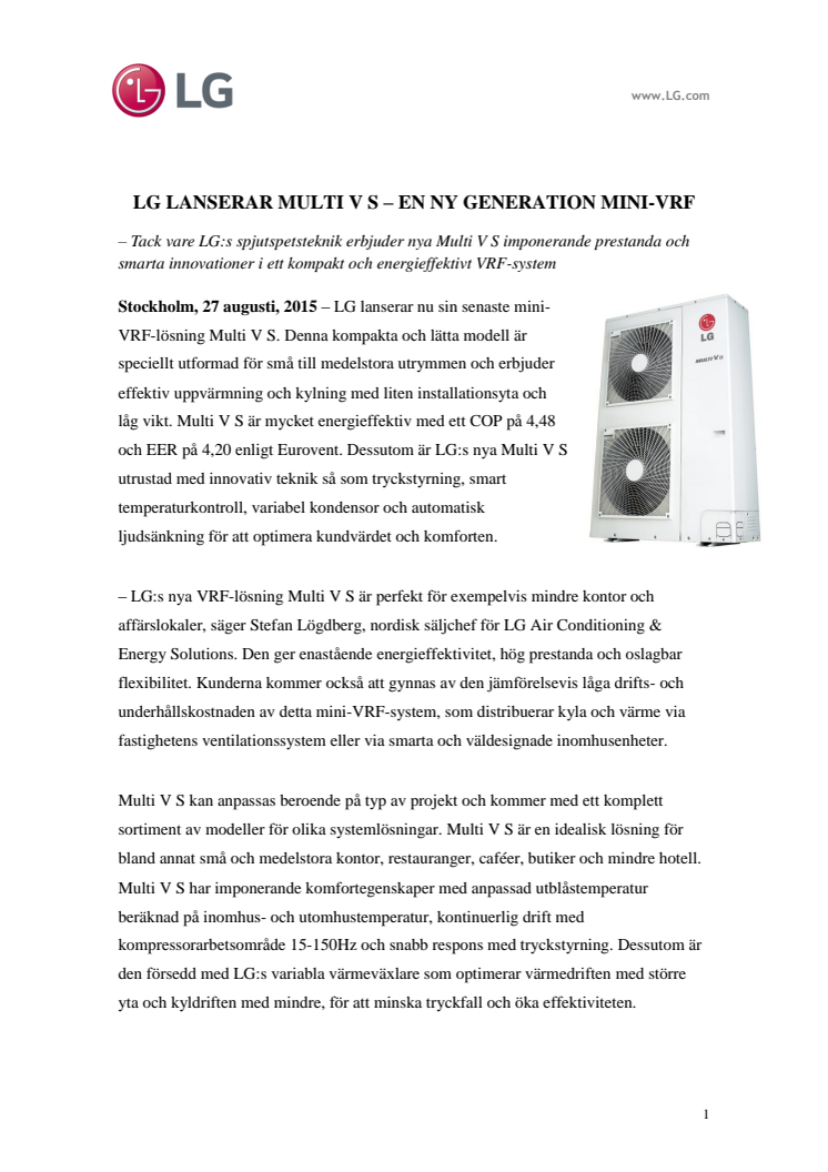 LG LANSERAR MULTI V S – EN NY GENERATION MINI-VRF