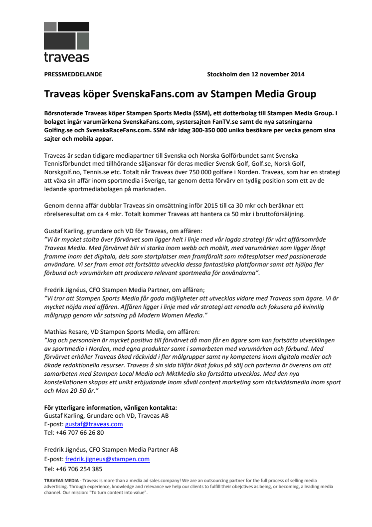​Traveas köper SvenskaFans.com av Stampen Media Group