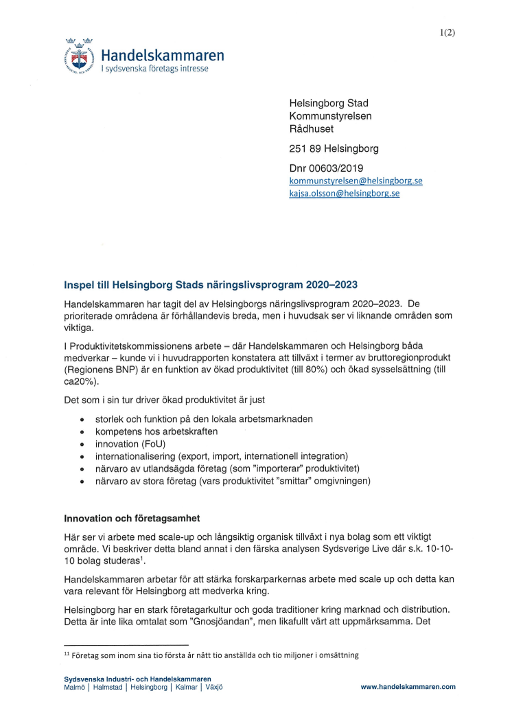 Inspel till Helsingborgs Stads näringslivsprogram 2020-2023