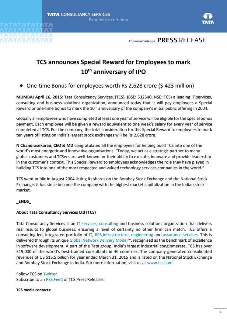 TCS announces special reward for employees