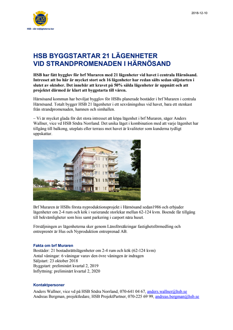 HSB byggstartar 21 lägenheter vid Strandpromenaden i Härnösand