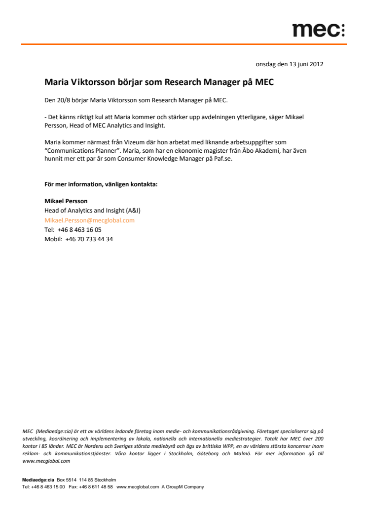 Maria Viktorsson börjar som Research Manager på MEC