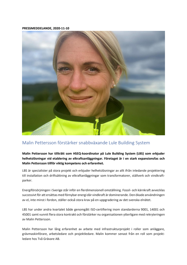 Malin Pettersson förstärker snabbväxande Lule Building System 