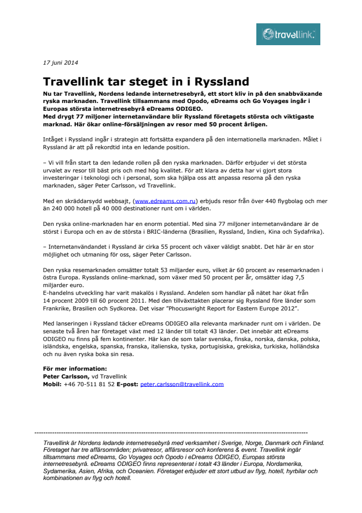 Travellink tar steget in i Ryssland