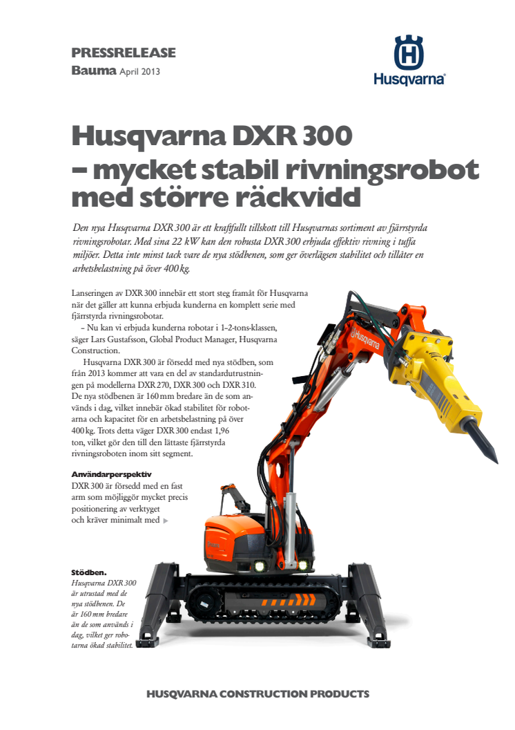 Bauma: Husqvarna DXR 300 – mycket stabil rivningsrobot med större räckvidd