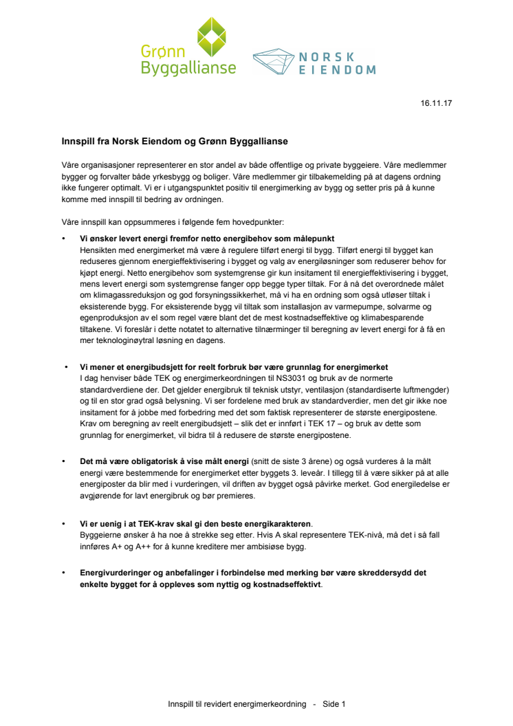 Norsk Eiendom og Grønn Byggallianse ga innspill til ny energimerkeordning