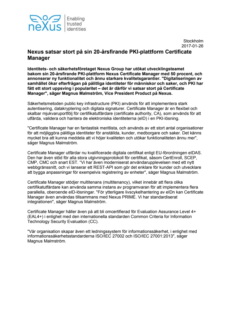 Nexus satsar stort på sin 20-årsfirande PKI-plattform Certificate Manager