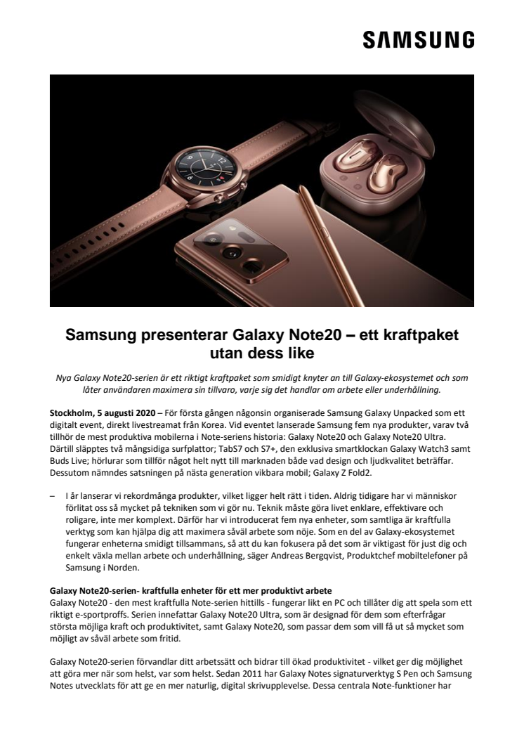 Samsung presenterar Galaxy Note20 – ett kraftpaket utan dess like