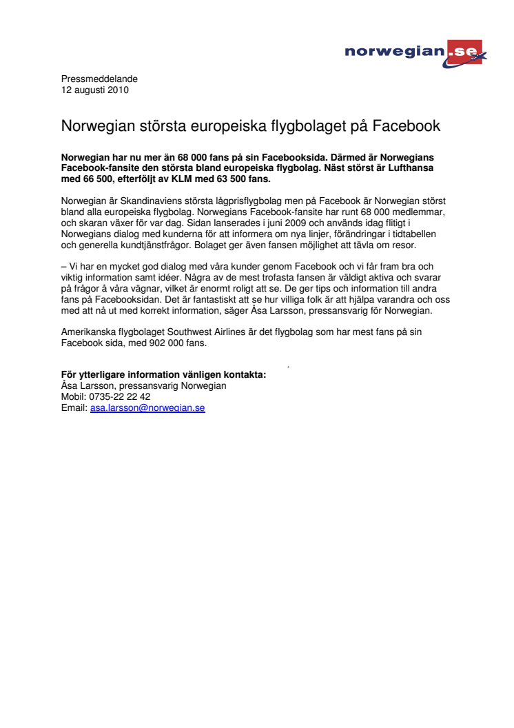 Norwegian största europeiska flygbolaget på Facebook