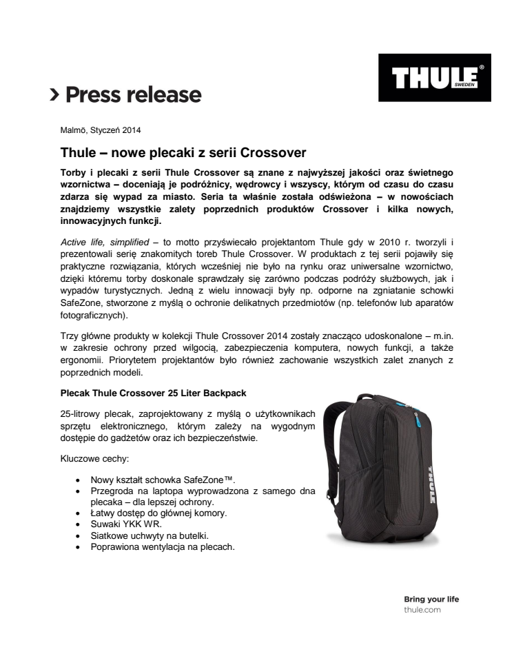 Thule – nowe plecaki z serii Crossover