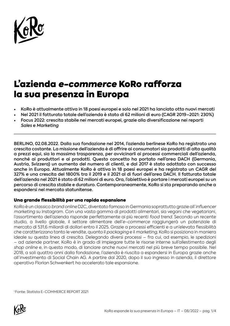 L’azienda e-commerce KoRo rafforza la sua presenza in Europa