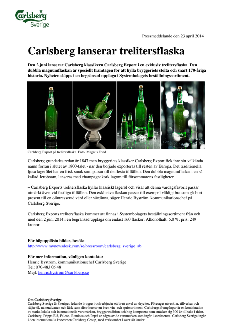 Carlsberg lanserar trelitersflaska