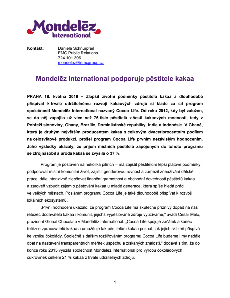 Mondelēz International podporuje pěstitele kakaa