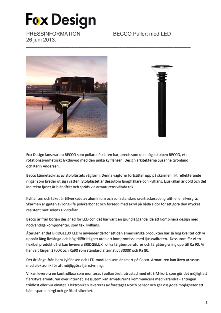 Fox Design presenterar BECCO Pullert med LED