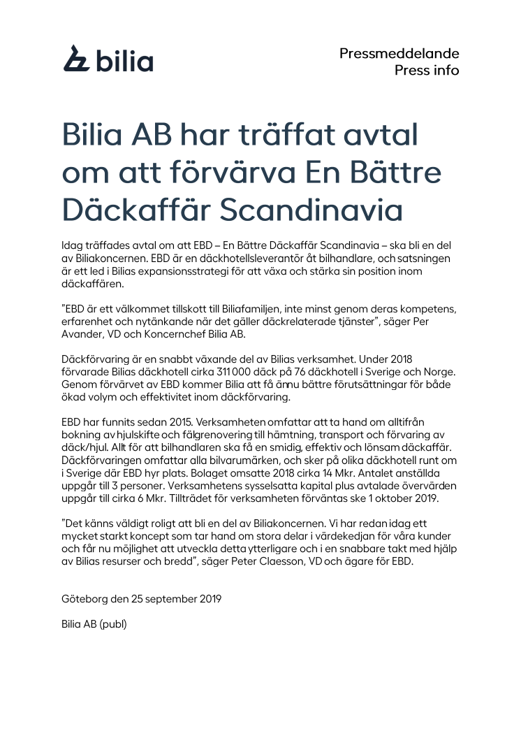 Bilia AB har träffat avtal  om att förvärva En Bättre Däckaffär Scandinavia 