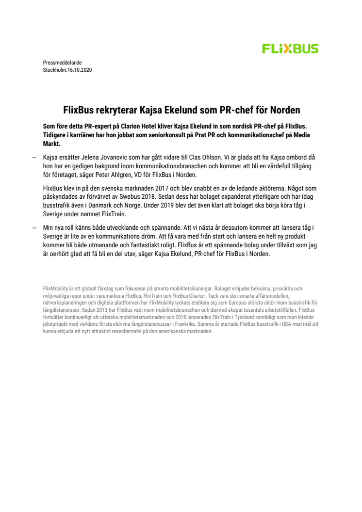 FlixBus rekryterar Kajsa Ekelund som PR-chef för Norden