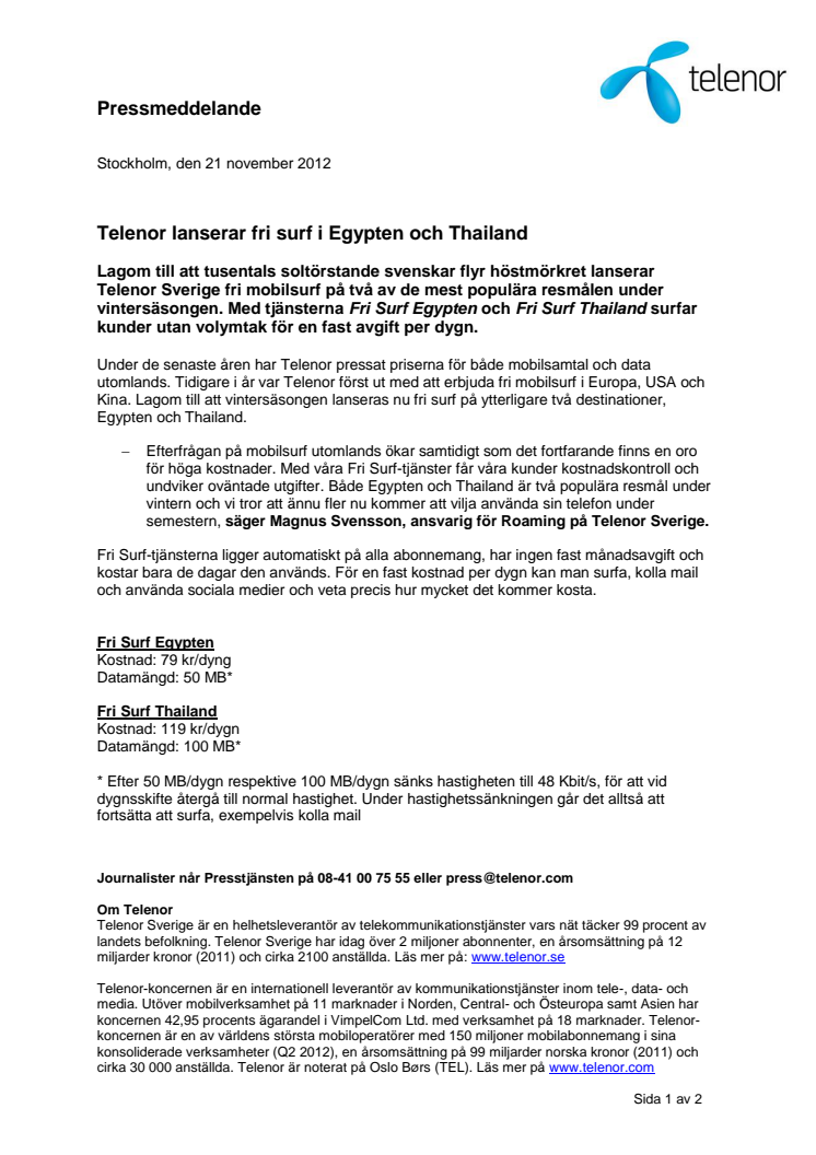Telenor lanserar fri surf i Egypten och Thailand