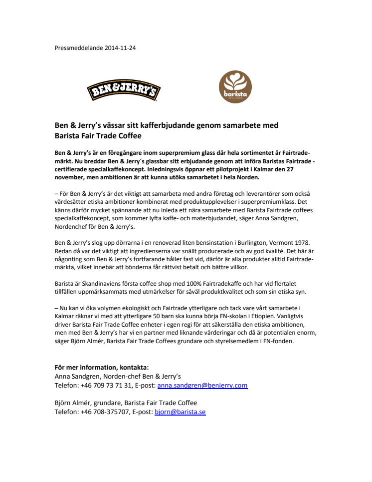 Ben & Jerry’s vässar sitt kafferbjudande genom samarbete med Barista Fair Trade Coffee