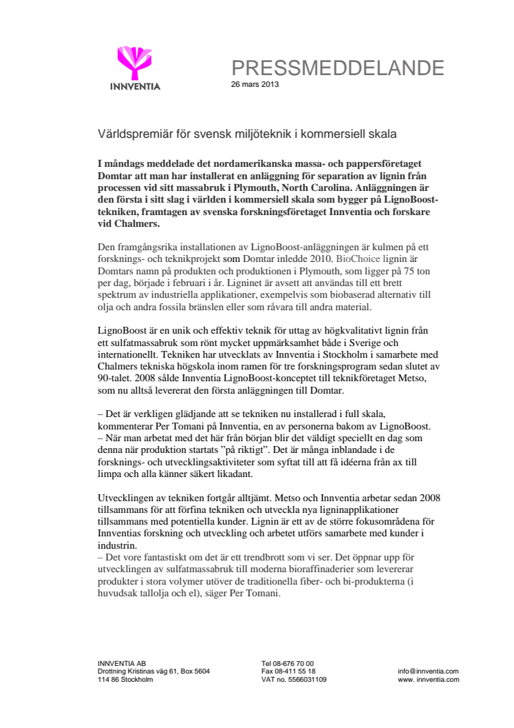 Världspremiär för svensk miljöteknik i kommersiell skala