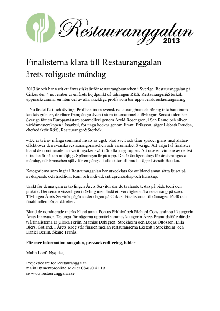 Finalisterna klara till Restauranggalan –  årets roligaste måndag
