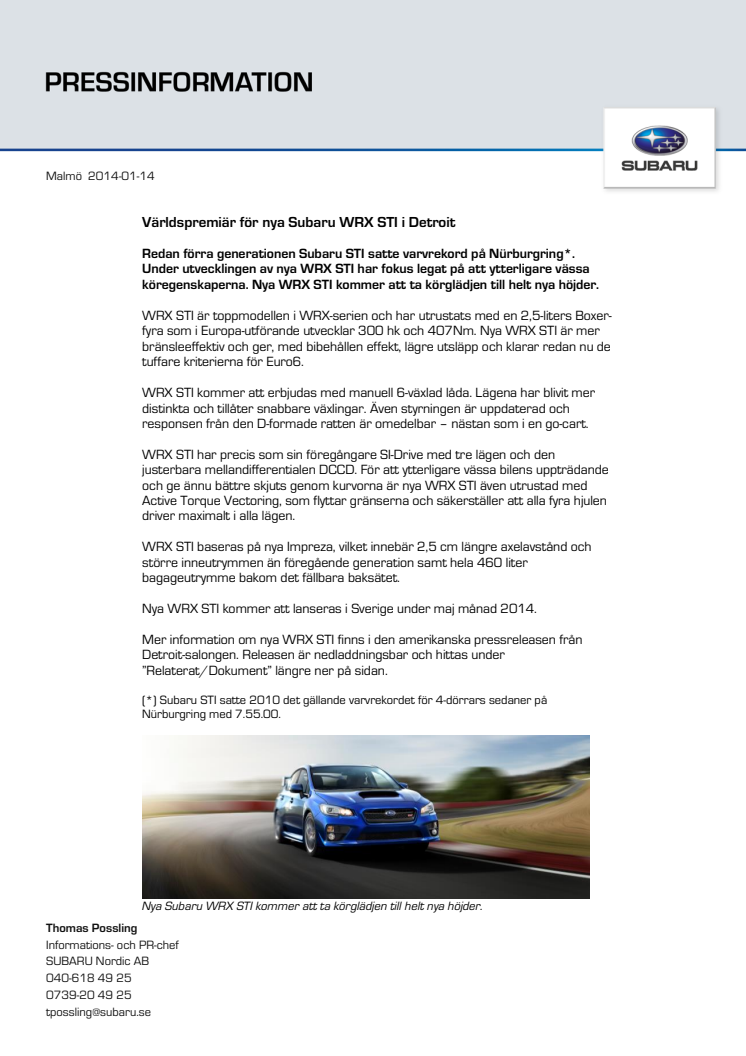 Världspremiär för nya Subaru WRX STI i Detroit