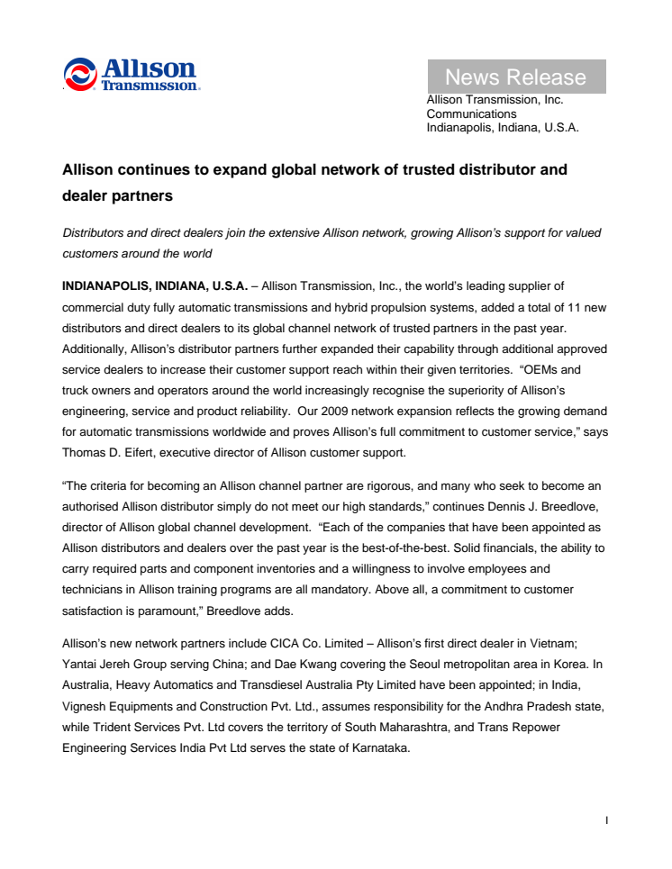 Allison continues to expand global network of trusted distributor and dealer partners