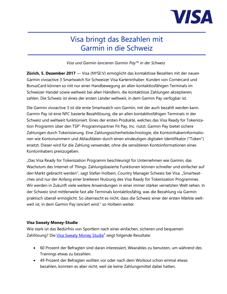 Visa bringt das Bezahlen mit Garmin in die Schweiz