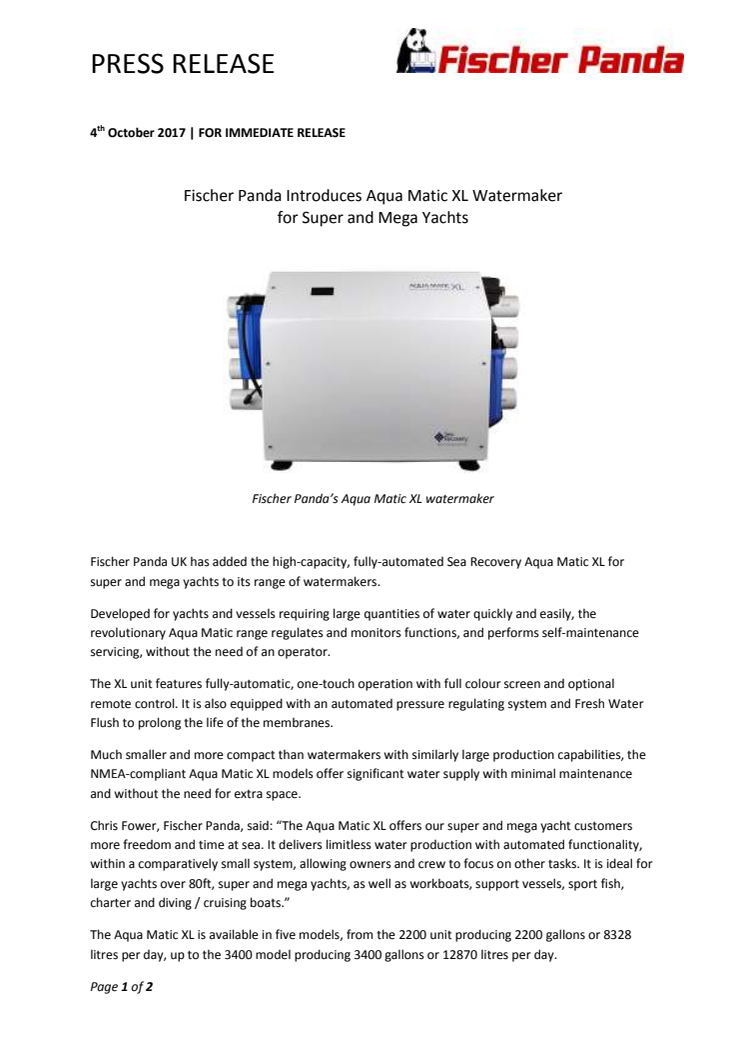 Fischer Panda Introduces Aqua Matic XL Watermaker  for Super and Mega Yachts