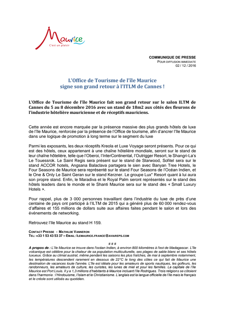 L’Office de Tourisme de l’île Maurice signe son grand retour à l’ILTM de Cannes !