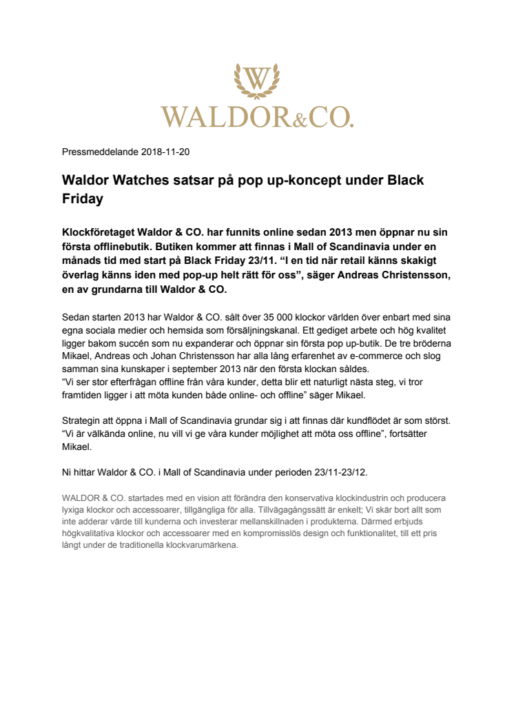 Waldor Watches satsar på pop up-koncept under Black Friday
