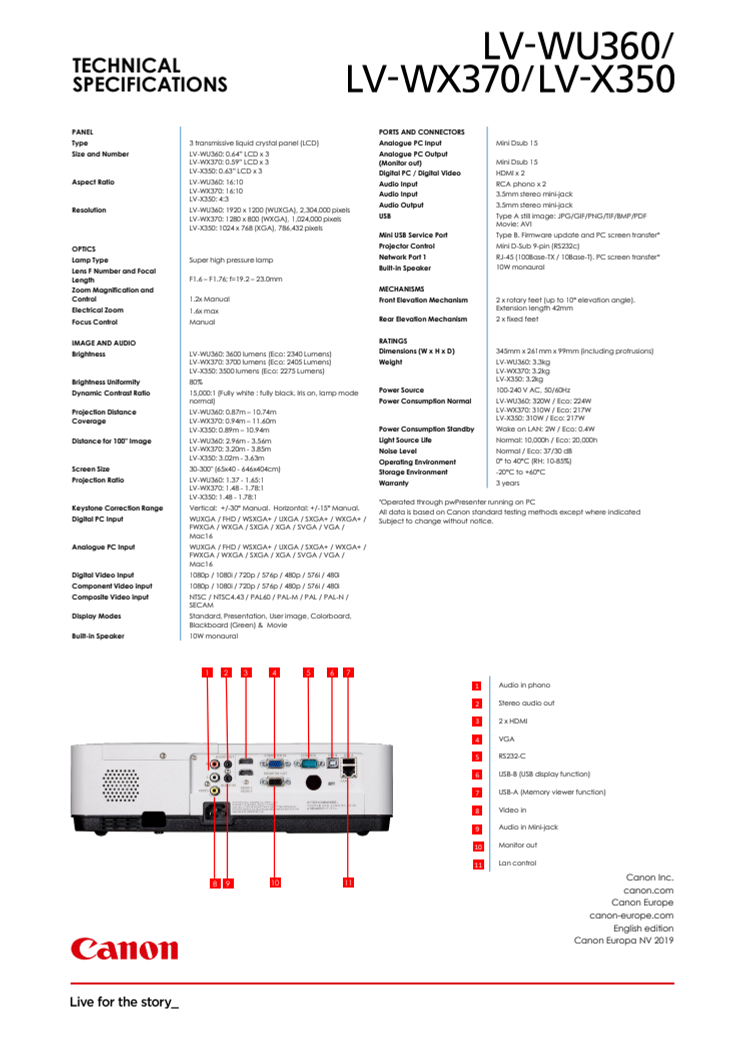 Canon LV-WU360, LV-WX370 og LV-X350 PR Spec Sheet