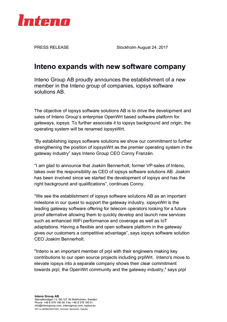 Inteno expands with new software company