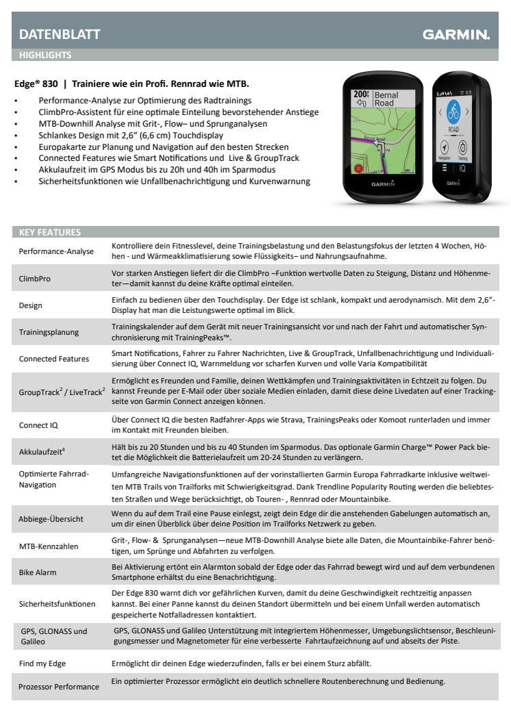 Datenblatt Garmin Edge 830