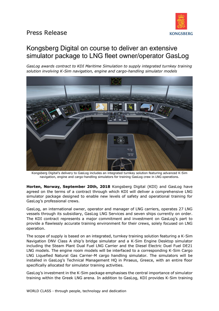 Kongsberg Digital on course to deliver an extensive simulator package to LNG fleet owner/operator GasLog 