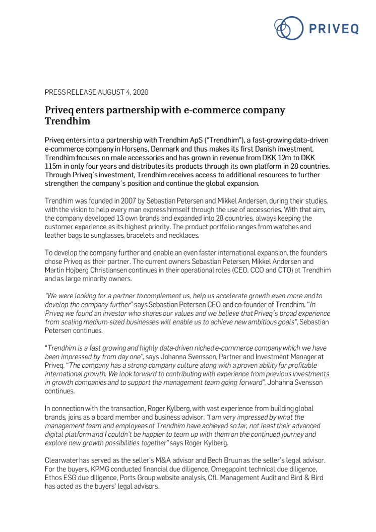 Priveq enters partnership with e-commerce company Trendhim