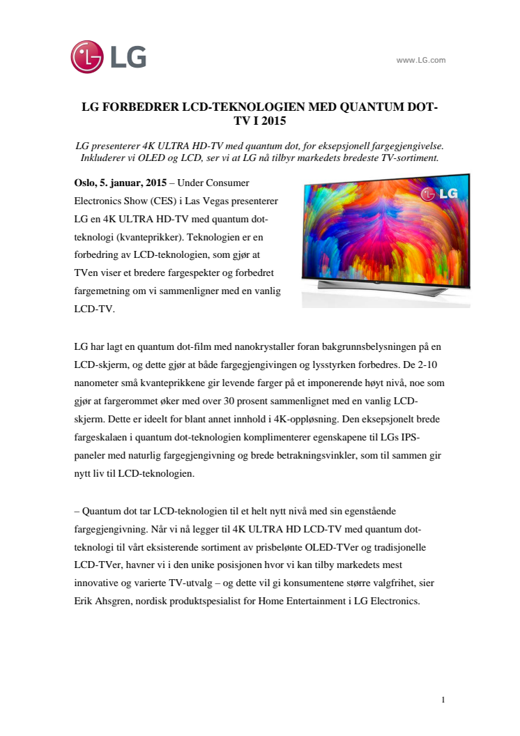 LG FORBEDRER LCD-TEKNOLOGIEN MED QUANTUM DOT-TV I 2015