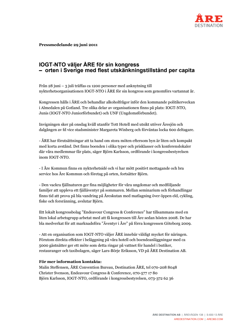 IOGT-NTO väljer ÅRE för sin kongress –  orten i Sverige med flest utskänkningstillstånd per capita 