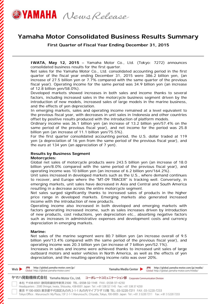 Yamaha Motor Consolidated Business Results Summary ~First Quarter of Fiscal Year Ending December 31, 2015~