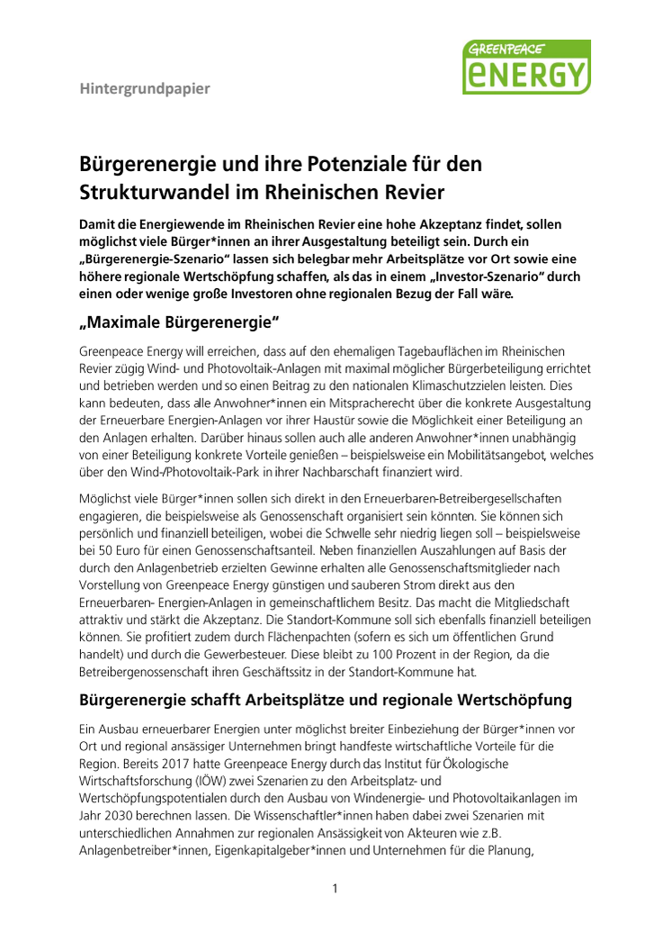 Hintergrundpapier zu Potenzialen der Bürgerenergie