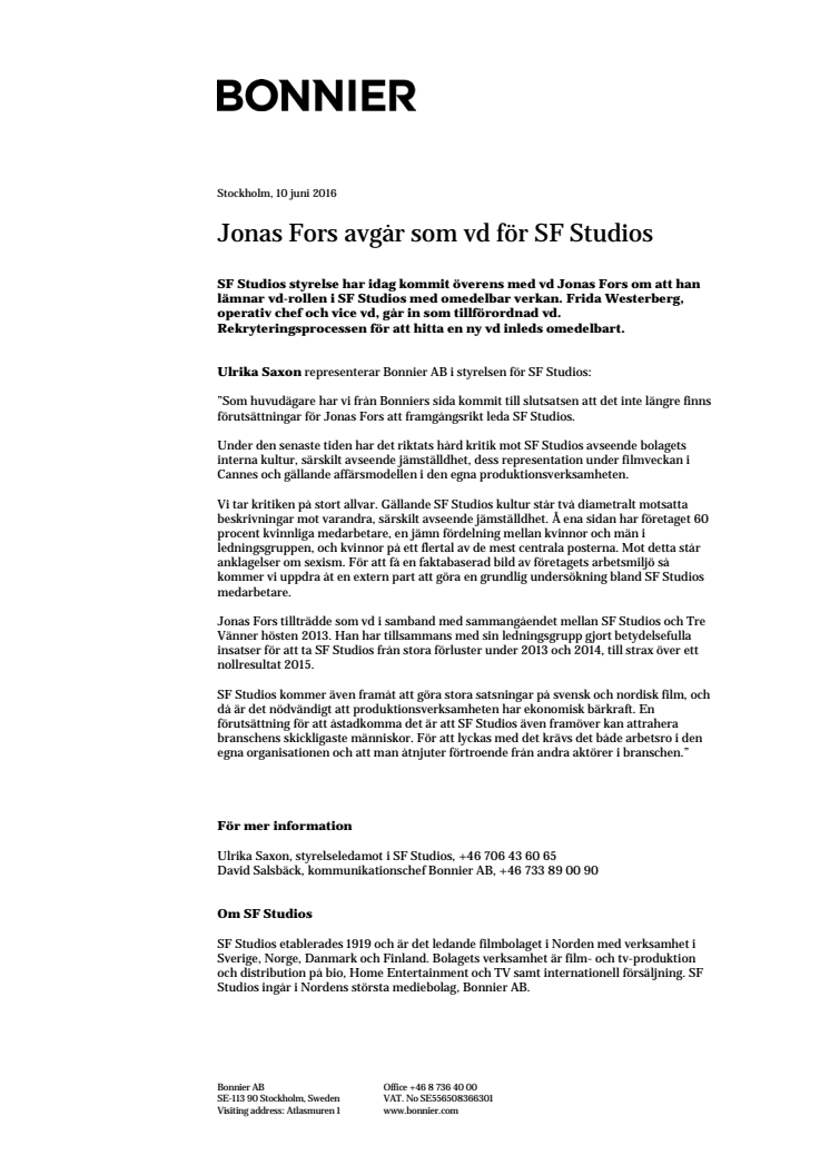 Jonas Fors avgår som vd för SF Studios