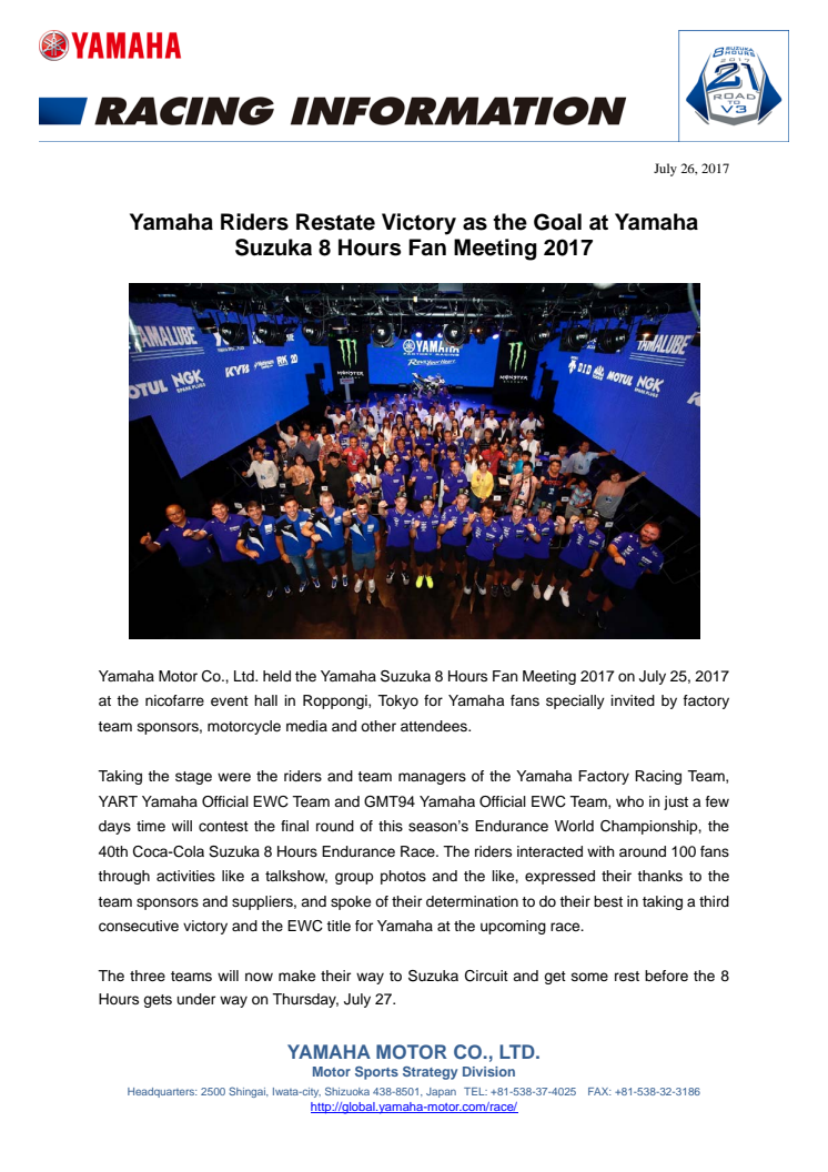 Yamaha Riders Restate Victory as the Goal at Yamaha Suzuka 8 Hours Fan Meeting 2017