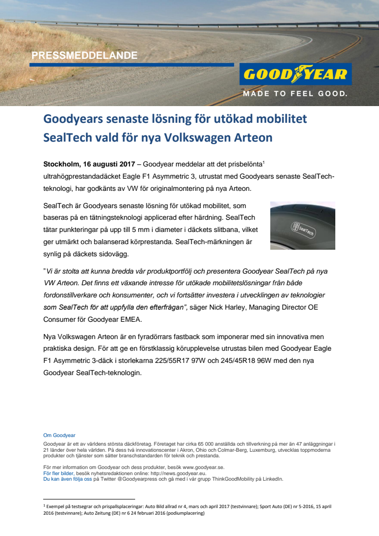 Goodyears senaste lösning för utökad mobilitet SealTech vald för nya Volkswagen Arteon