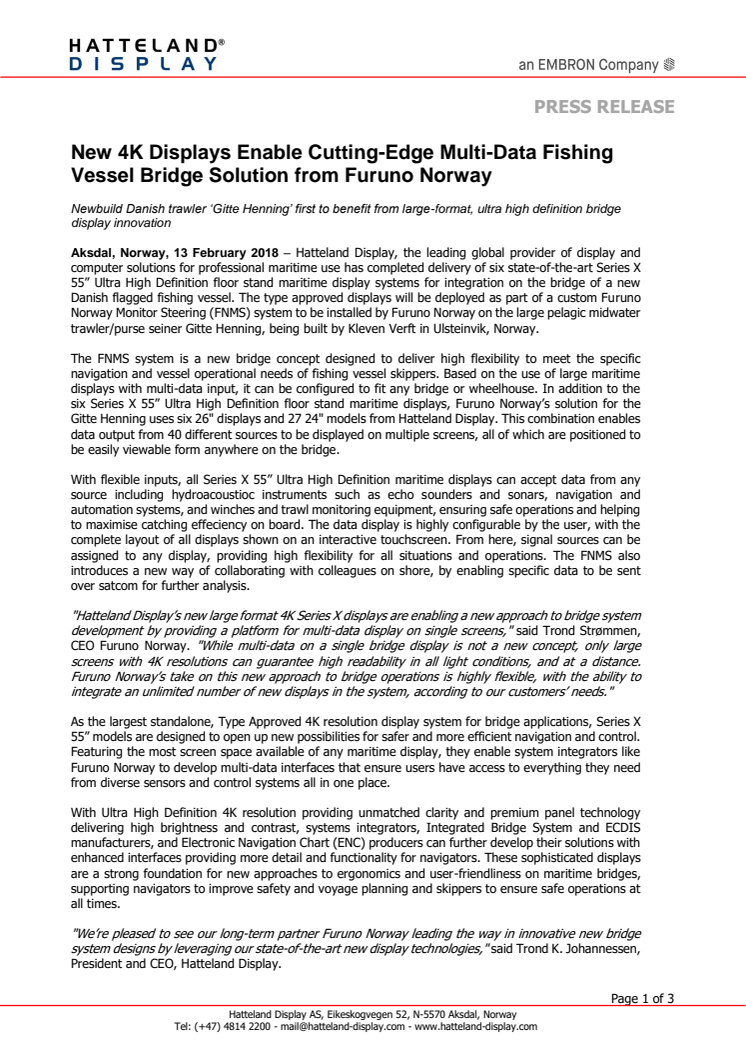 Hatteland Display: New 4K Displays Enable Cutting-Edge Multi-Data Fishing Vessel Bridge Solution from Furuno Norway 
